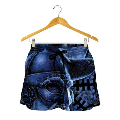 Blue Viking God Odin And Crow Print Women's Shorts