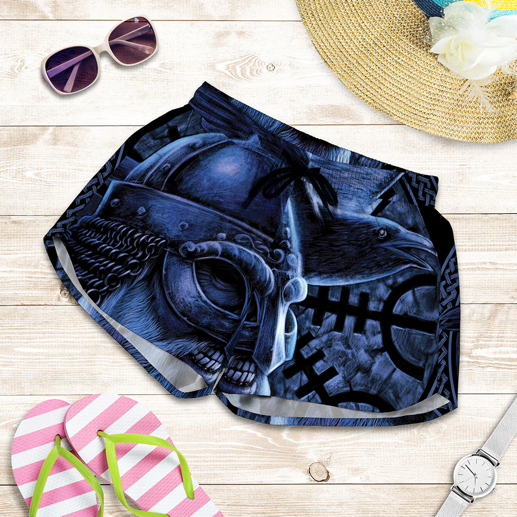 Blue Viking God Odin And Crow Print Women's Shorts