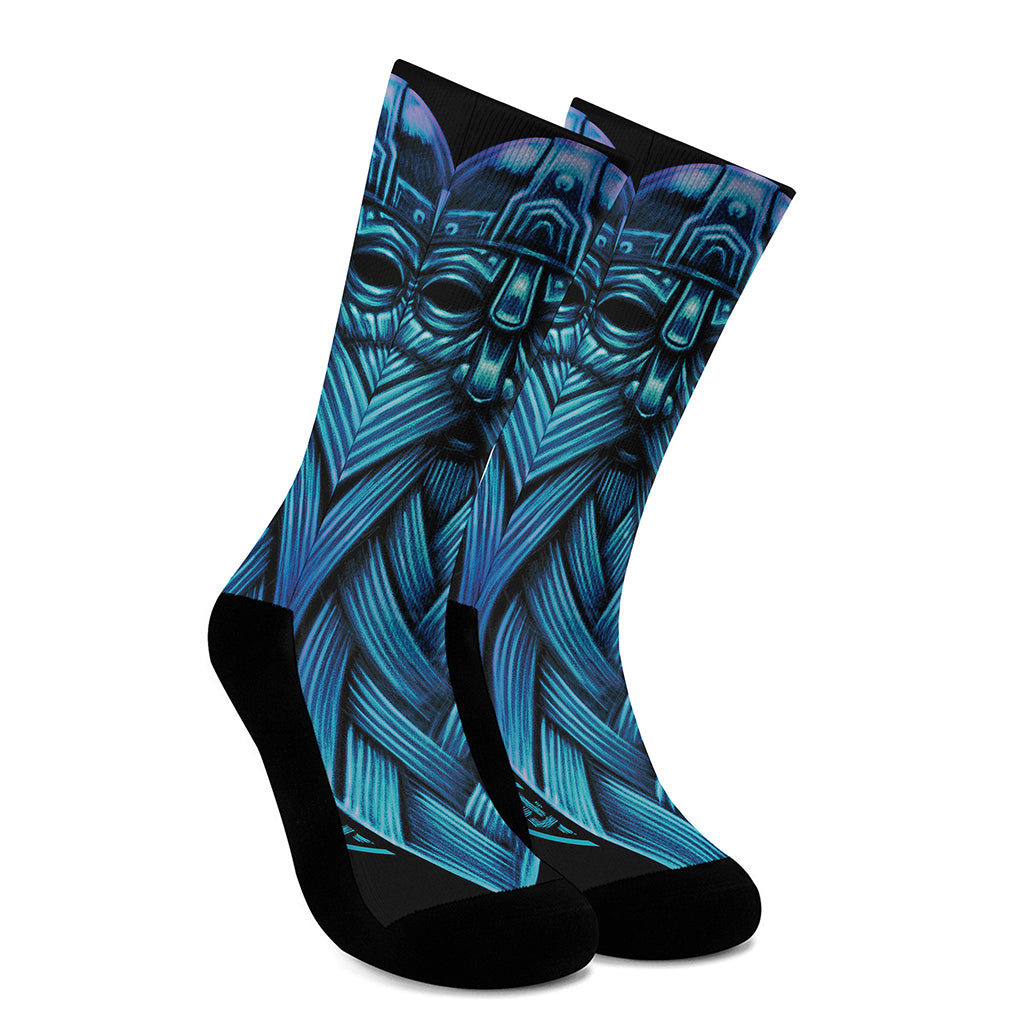 Blue Viking Norse God Odin Print Crew Socks