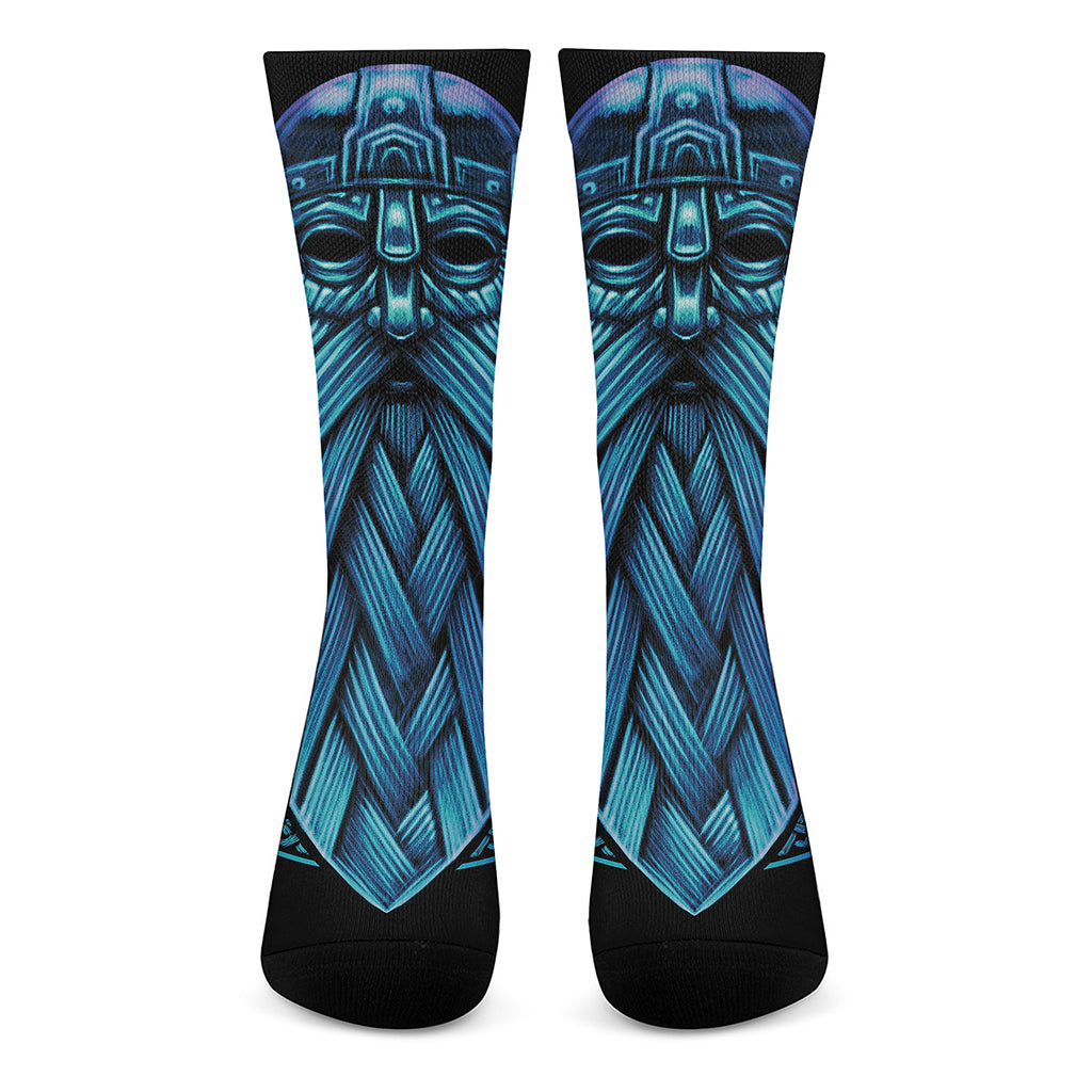 Blue Viking Norse God Odin Print Crew Socks