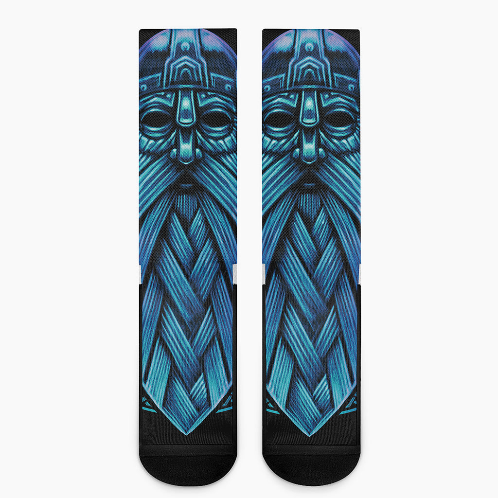 Blue Viking Norse God Odin Print Crew Socks