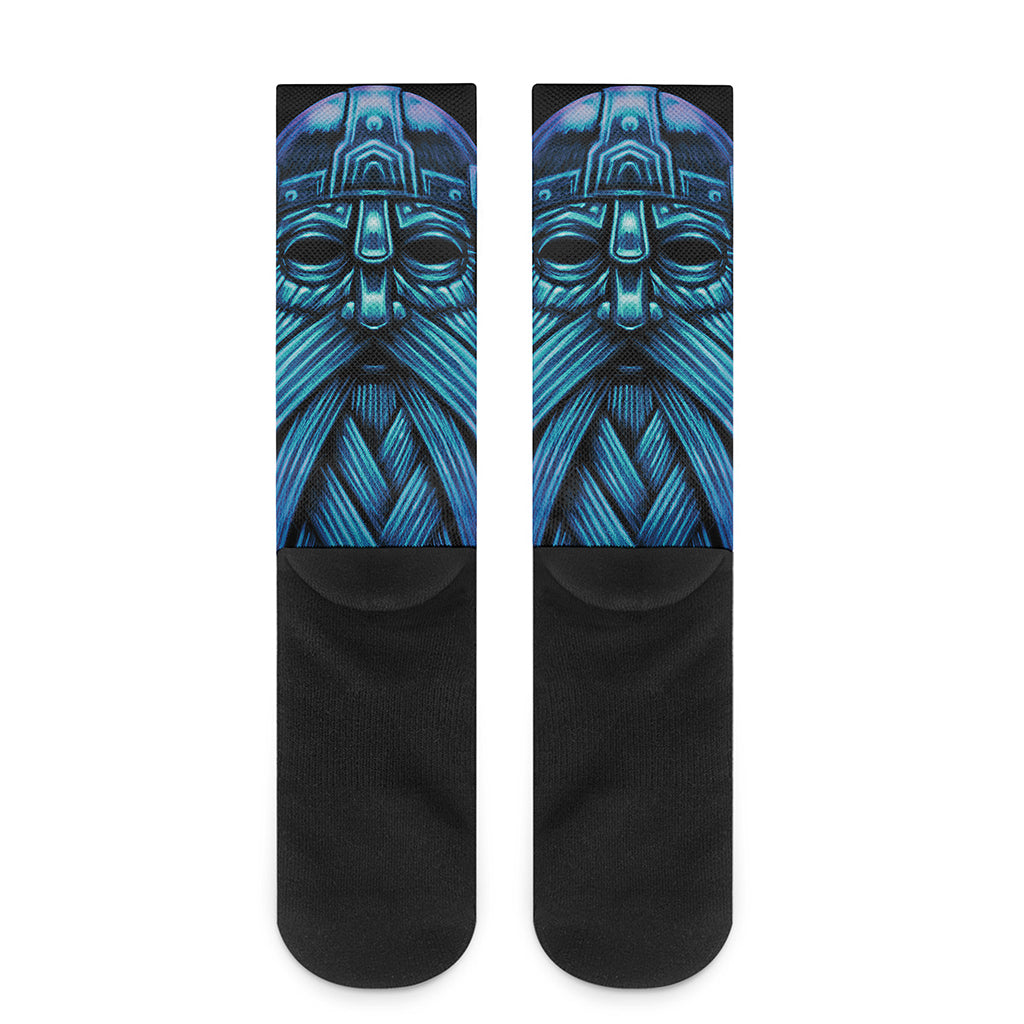 Blue Viking Norse God Odin Print Crew Socks