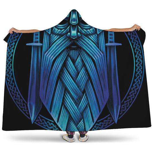 Blue Viking Norse God Odin Print Hooded Blanket