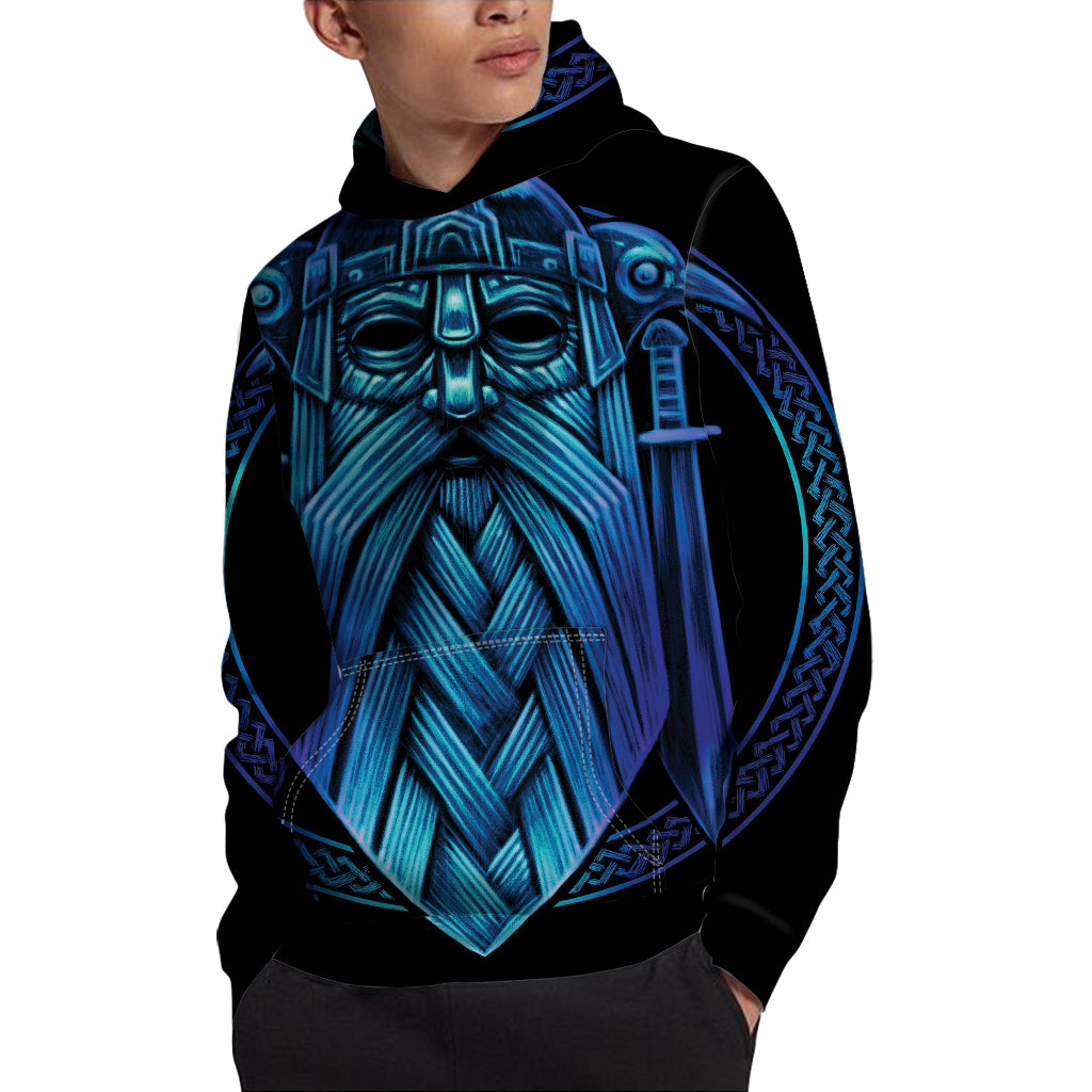 Blue Viking Norse God Odin Print Pullover Hoodie