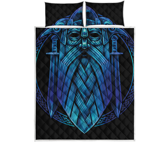Blue Viking Norse God Odin Print Quilt Bed Set