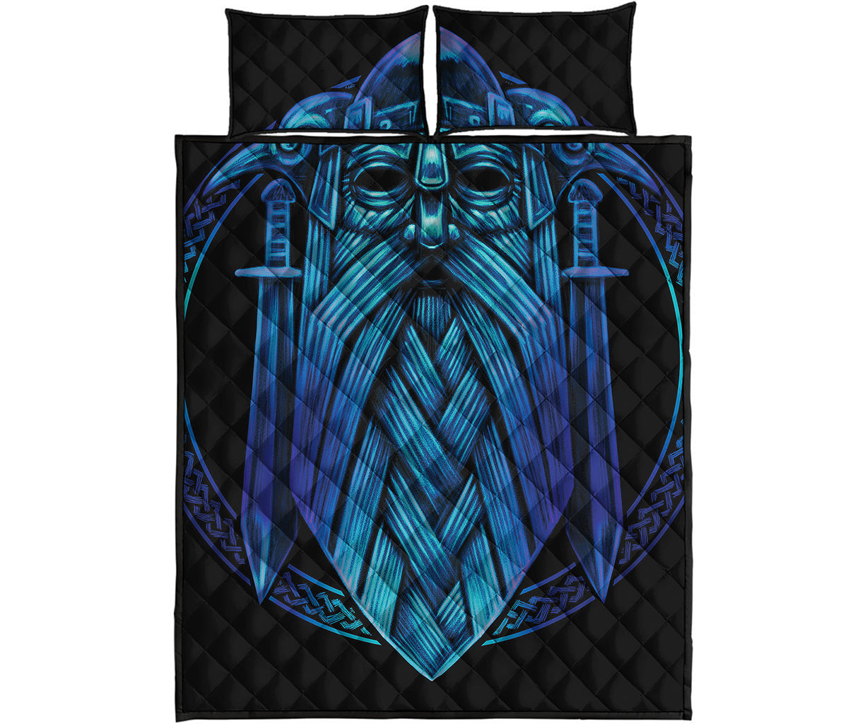 Blue Viking Norse God Odin Print Quilt Bed Set