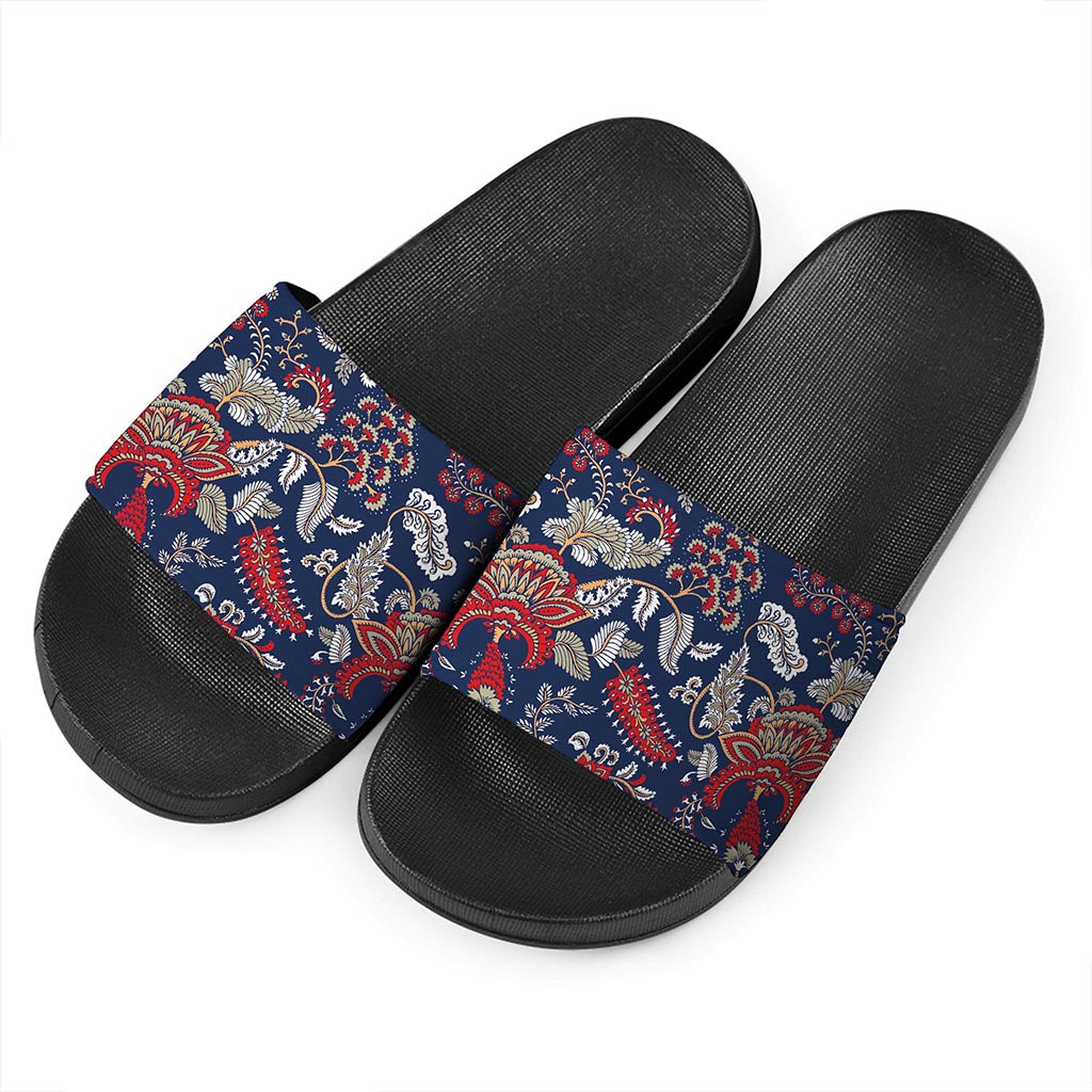 Blue Vintage Bohemian Floral Print Black Slide Sandals