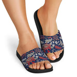 Blue Vintage Bohemian Floral Print Black Slide Sandals