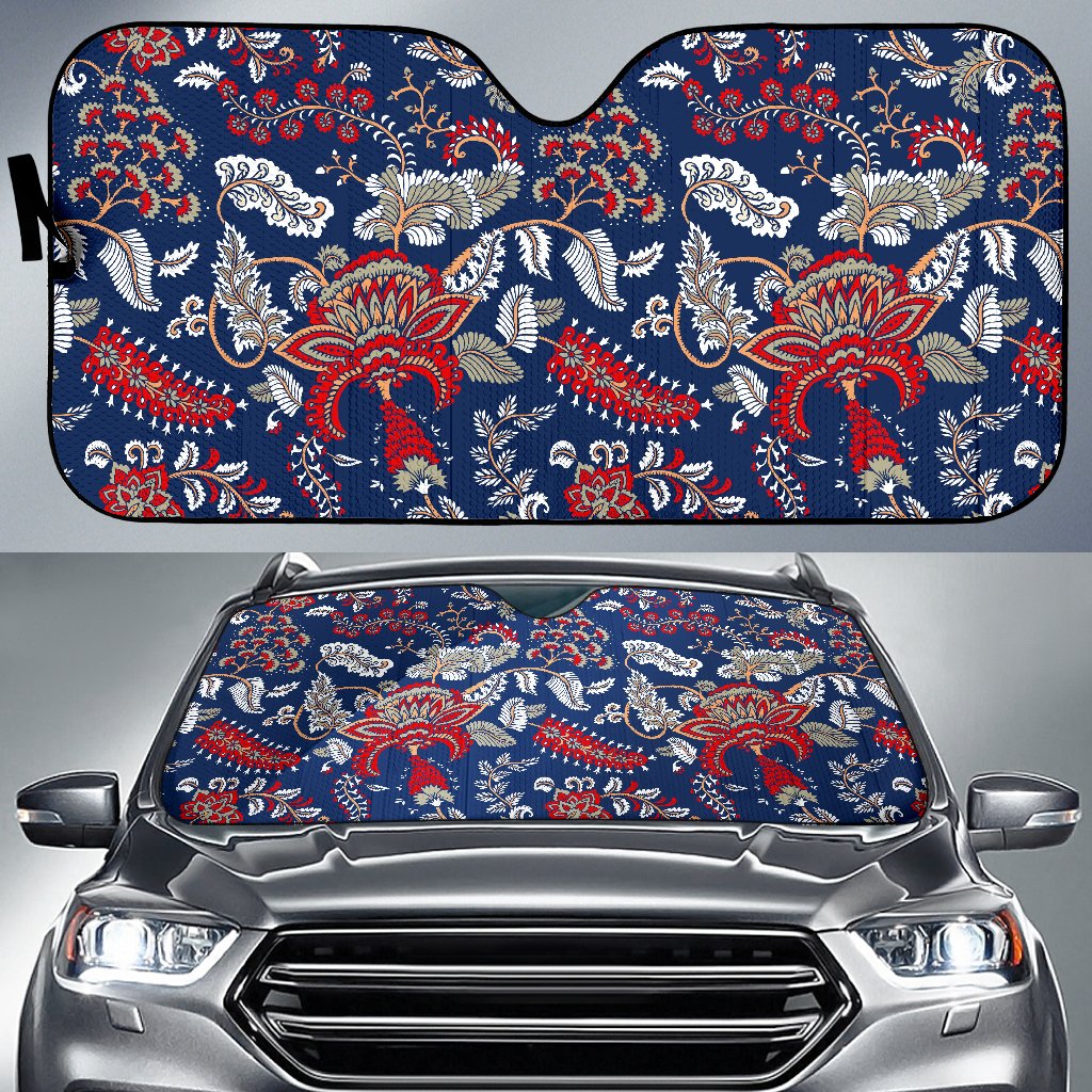 Blue Vintage Bohemian Floral Print Car Sun Shade GearFrost