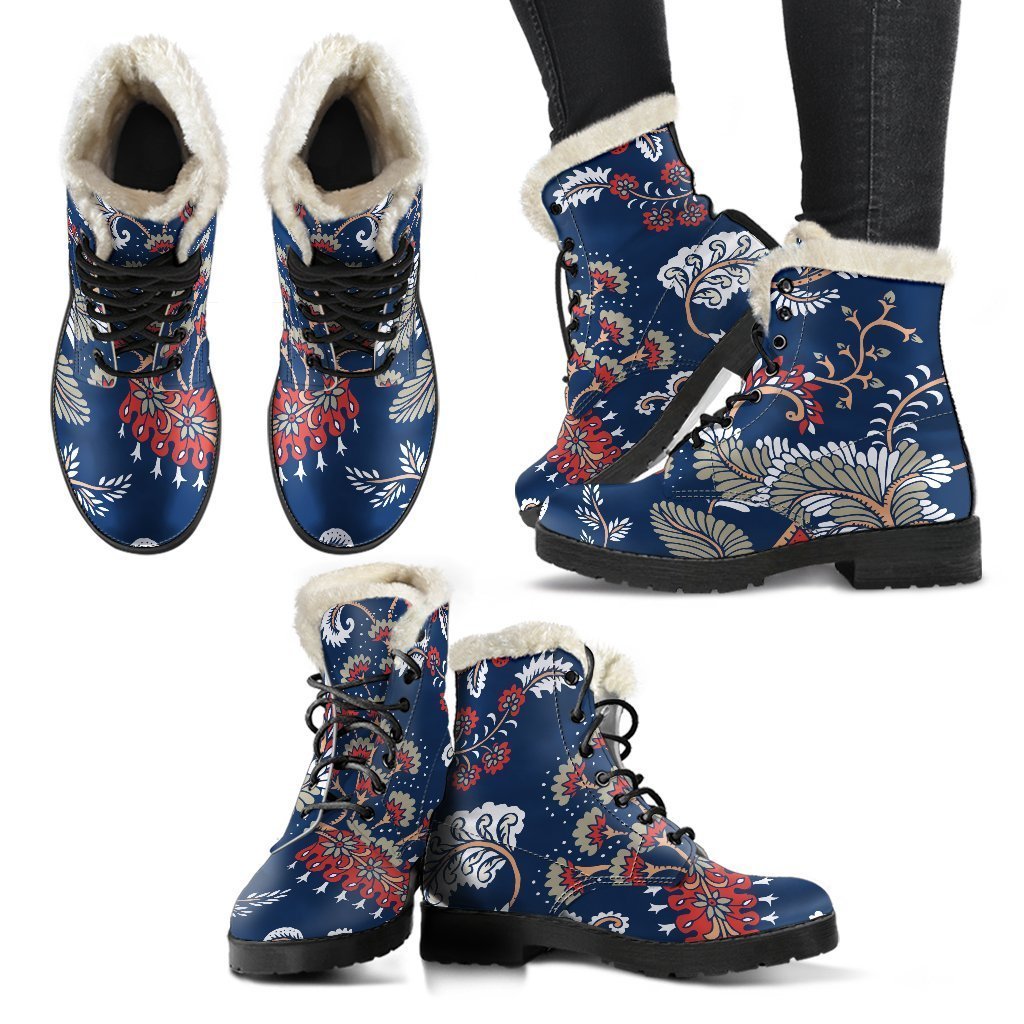 Blue Vintage Bohemian Floral Print Comfy Boots GearFrost