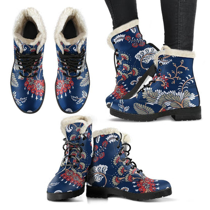 Blue Vintage Bohemian Floral Print Comfy Boots GearFrost