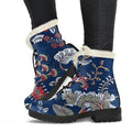 Blue Vintage Bohemian Floral Print Faux Fur Leather Boots