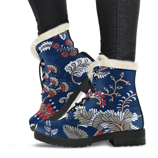 Blue Vintage Bohemian Floral Print Comfy Boots GearFrost