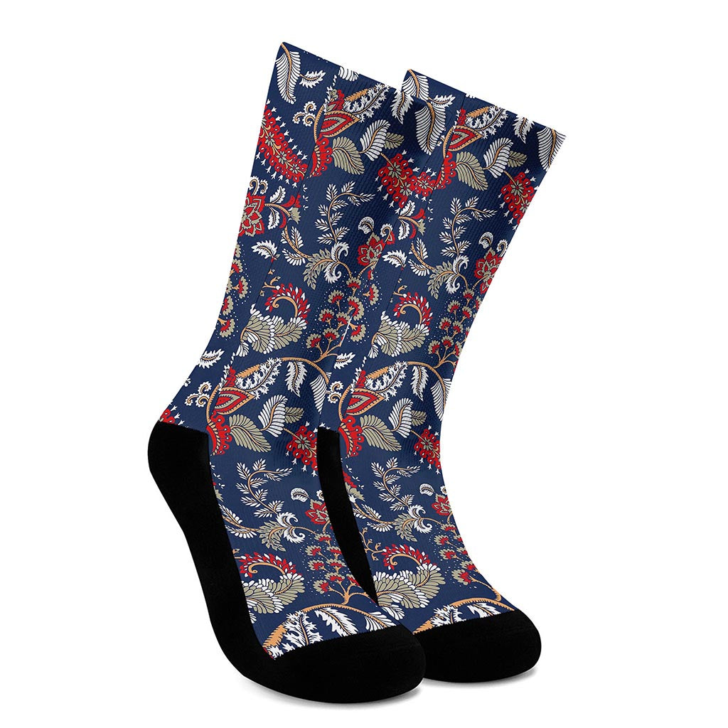 Blue Vintage Bohemian Floral Print Crew Socks