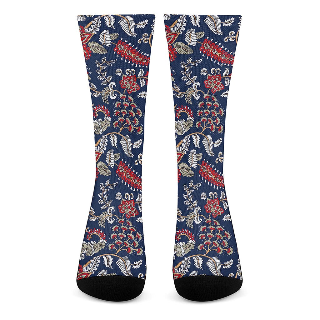 Blue Vintage Bohemian Floral Print Crew Socks