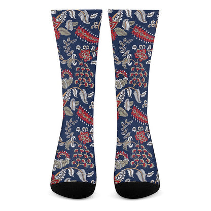 Blue Vintage Bohemian Floral Print Crew Socks