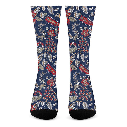 Blue Vintage Bohemian Floral Print Crew Socks
