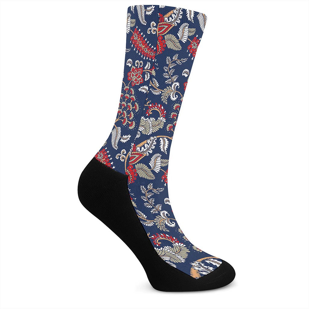 Blue Vintage Bohemian Floral Print Crew Socks
