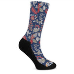 Blue Vintage Bohemian Floral Print Crew Socks
