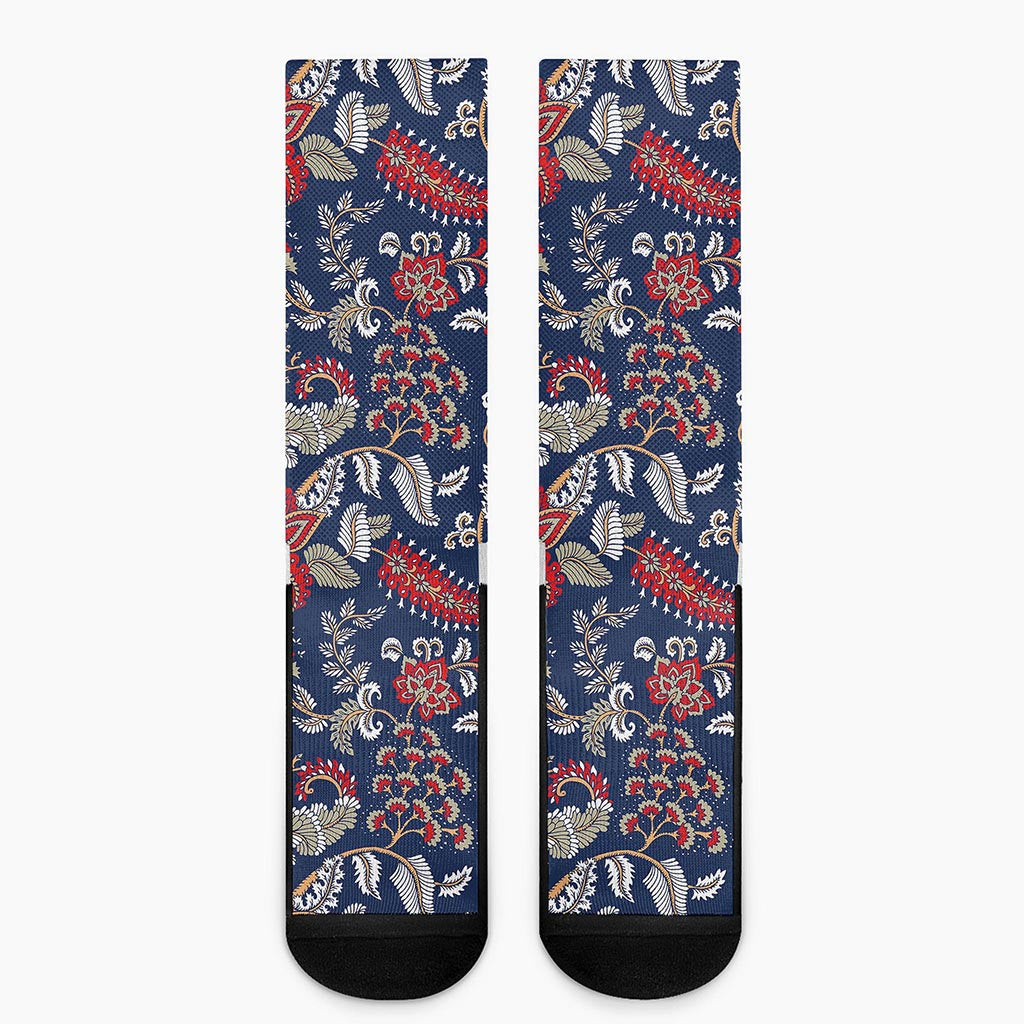 Blue Vintage Bohemian Floral Print Crew Socks