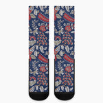 Blue Vintage Bohemian Floral Print Crew Socks