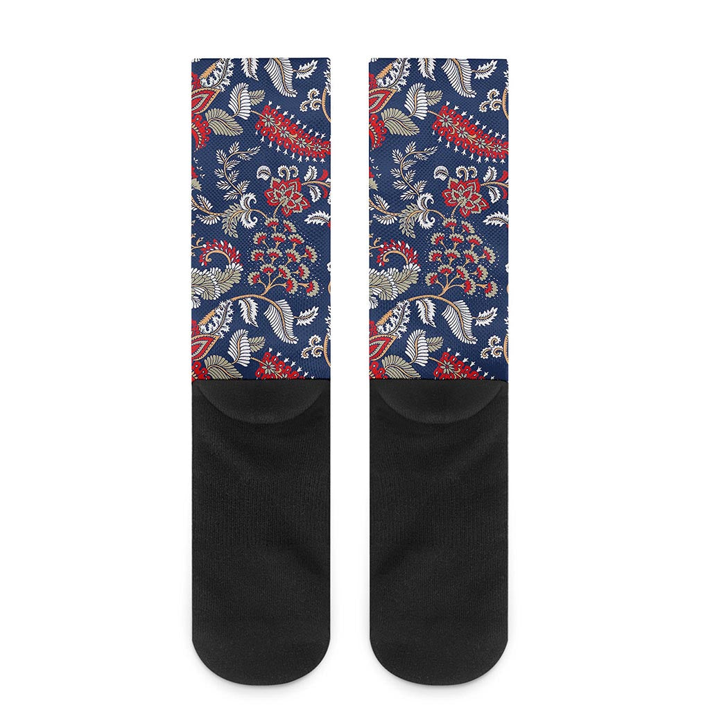 Blue Vintage Bohemian Floral Print Crew Socks