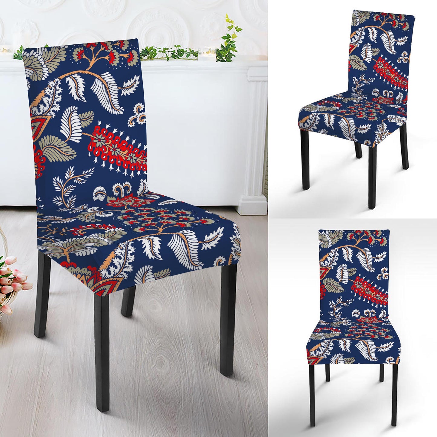Blue Vintage Bohemian Floral Print Dining Chair Slipcover