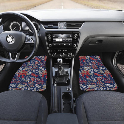 Blue Vintage Bohemian Floral Print Front and Back Car Floor Mats