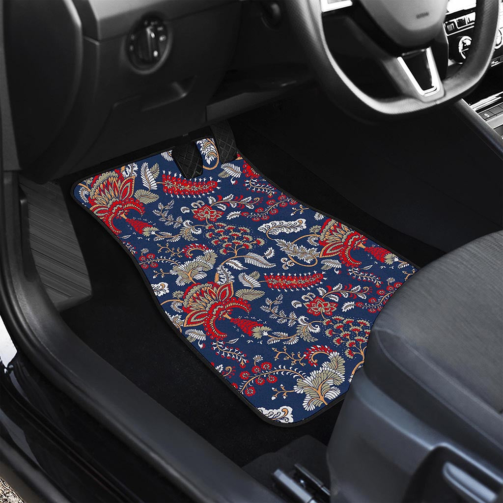 Blue Vintage Bohemian Floral Print Front and Back Car Floor Mats