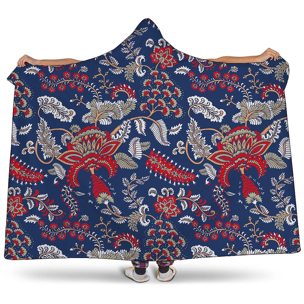 Blue Vintage Bohemian Floral Print Hooded Blanket