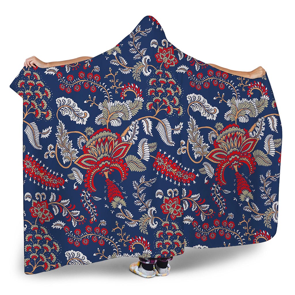 Blue Vintage Bohemian Floral Print Hooded Blanket