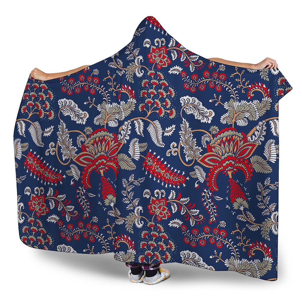 Blue Vintage Bohemian Floral Print Hooded Blanket