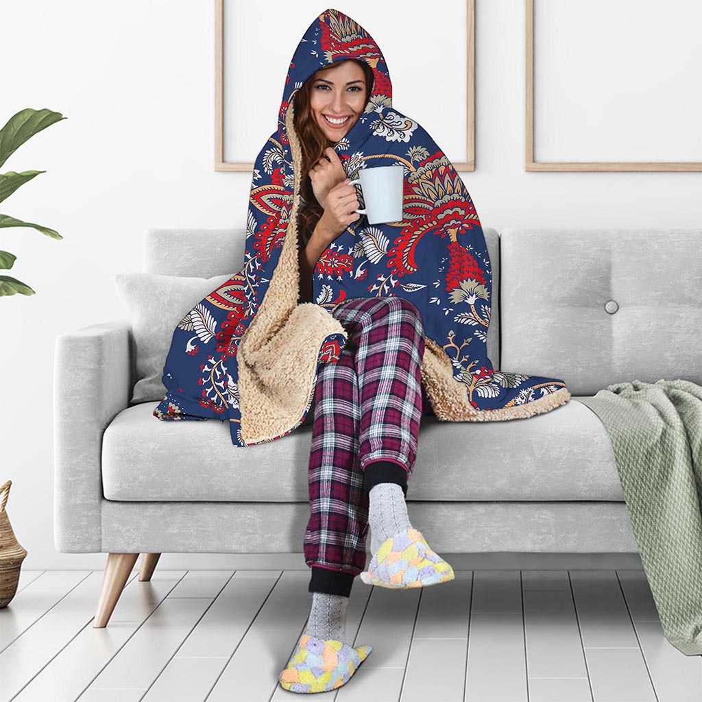 Blue Vintage Bohemian Floral Print Hooded Blanket