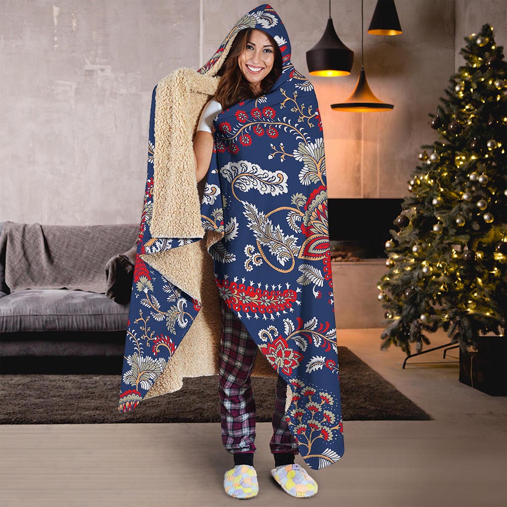 Blue Vintage Bohemian Floral Print Hooded Blanket