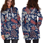 Blue Vintage Bohemian Floral Print Hoodie Dress GearFrost