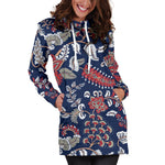 Blue Vintage Bohemian Floral Print Hoodie Dress GearFrost