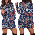 Blue Vintage Bohemian Floral Print Hoodie Dress GearFrost