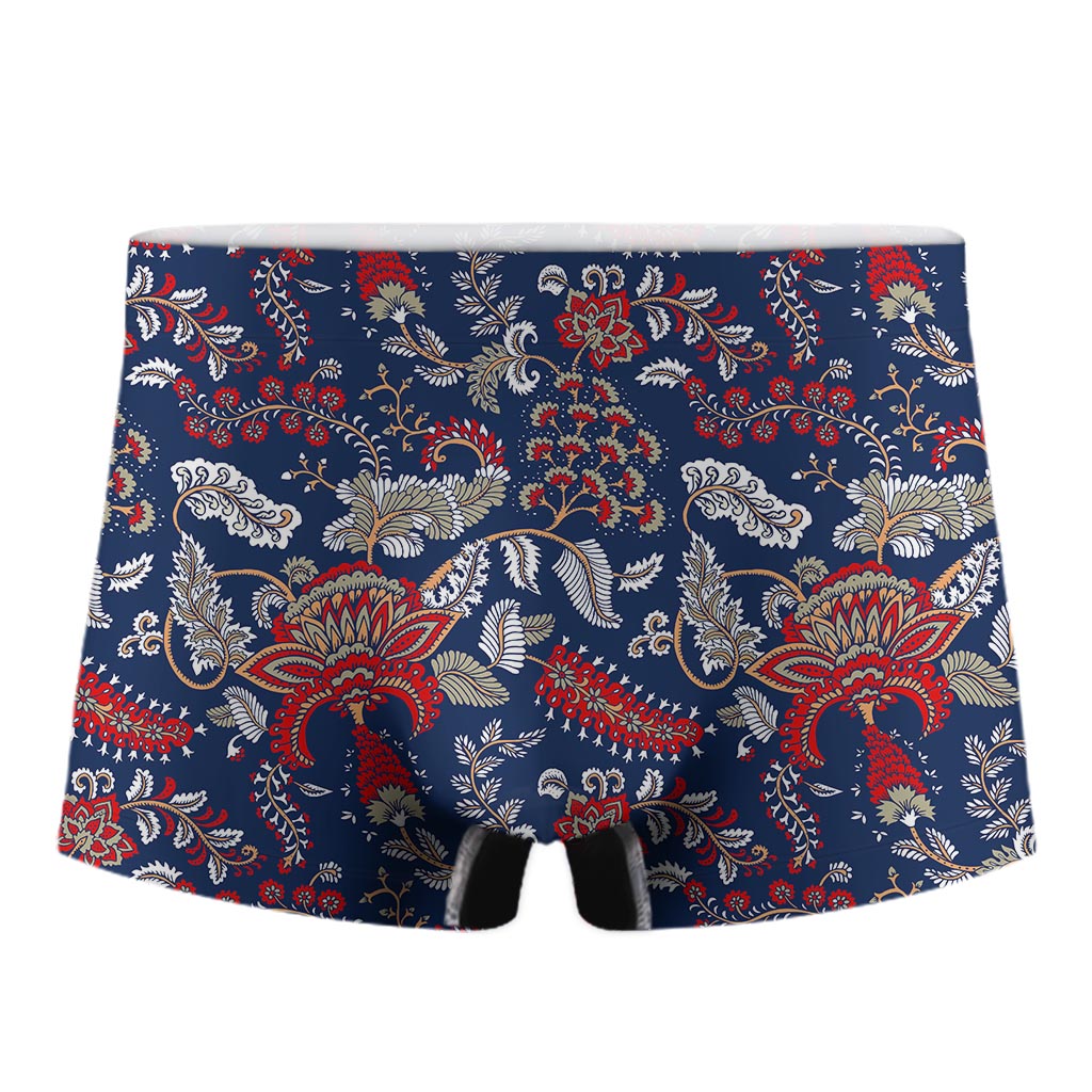 Blue Vintage Bohemian Floral Print Men's Boxer Briefs