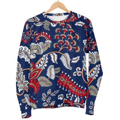 Blue Vintage Bohemian Floral Print Men's Crewneck Sweatshirt GearFrost