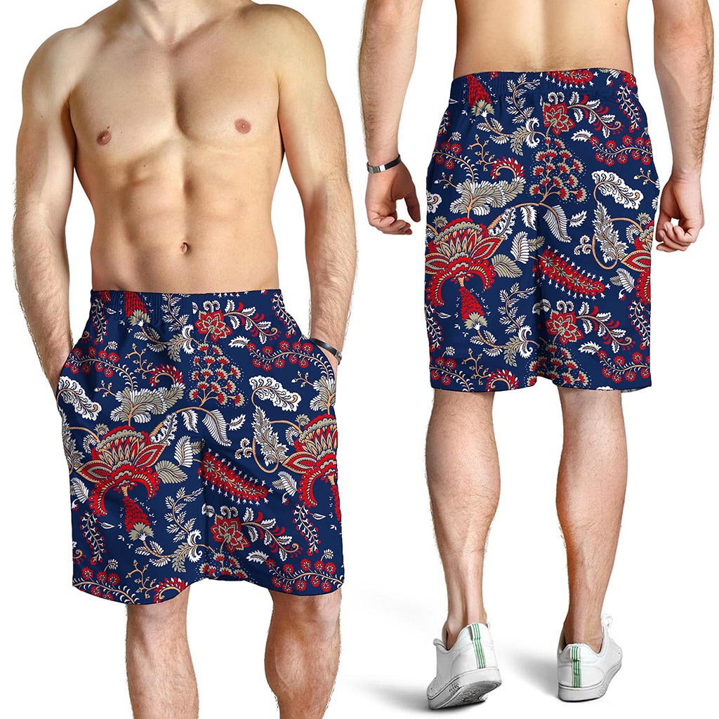 Blue Vintage Bohemian Floral Print Men's Shorts