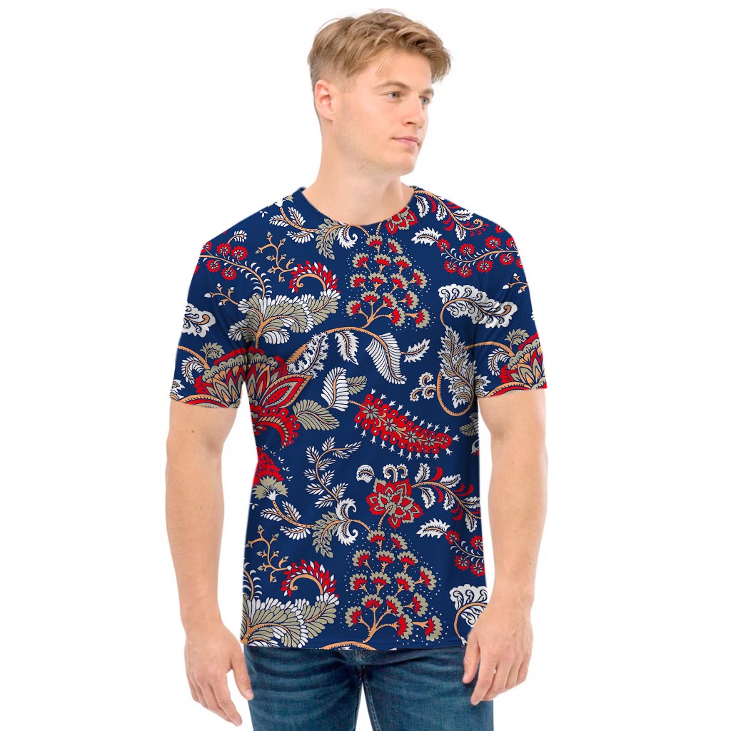 Blue Vintage Bohemian Floral Print Men's T-Shirt