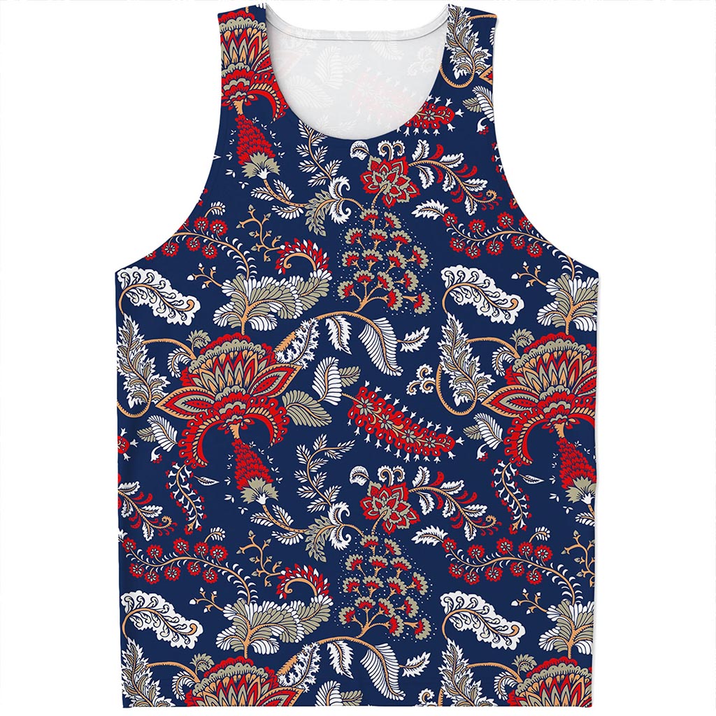 Blue Vintage Bohemian Floral Print Men's Tank Top
