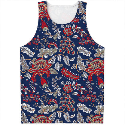 Blue Vintage Bohemian Floral Print Men's Tank Top