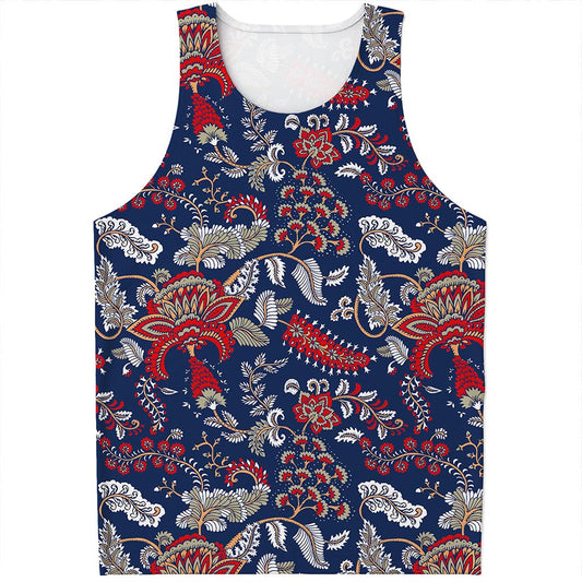 Blue Vintage Bohemian Floral Print Men's Tank Top