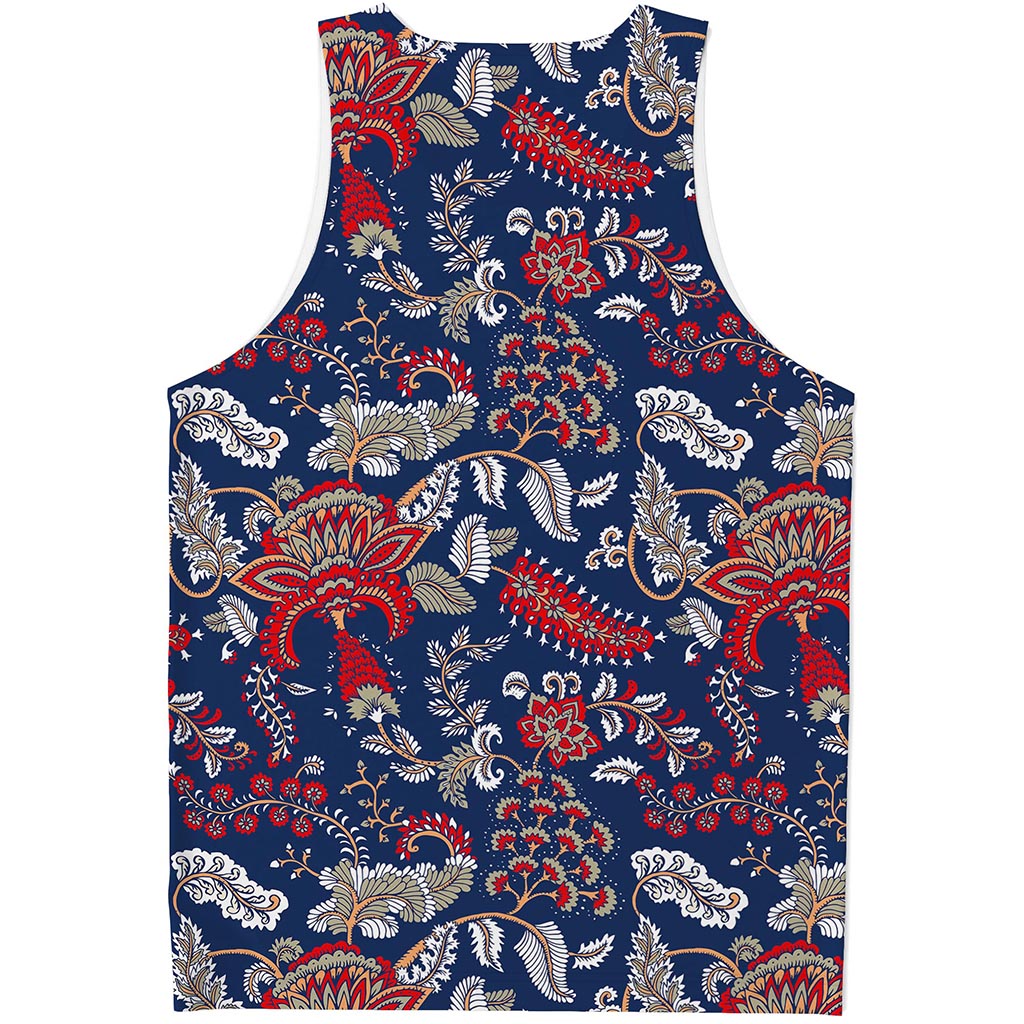 Blue Vintage Bohemian Floral Print Men's Tank Top