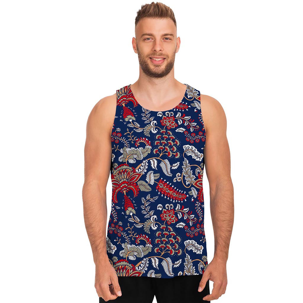Blue Vintage Bohemian Floral Print Men's Tank Top