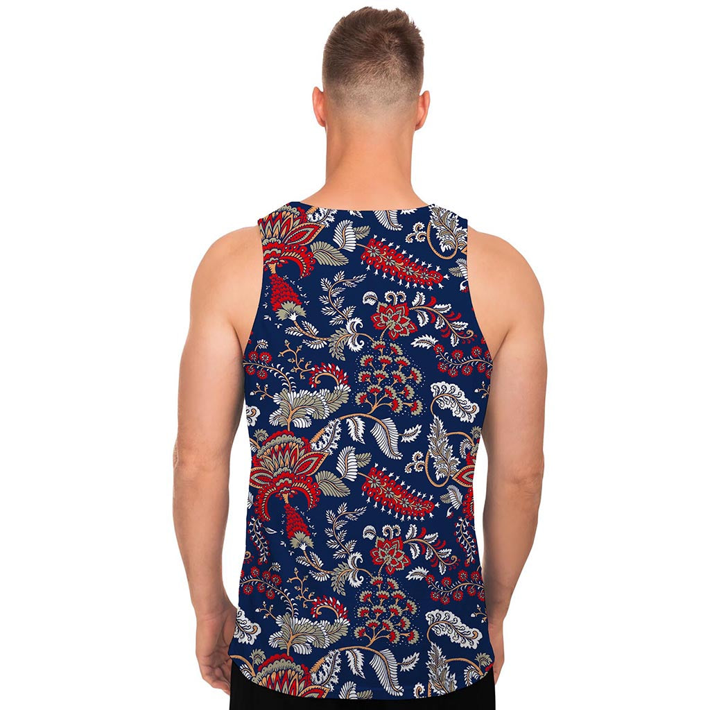 Blue Vintage Bohemian Floral Print Men's Tank Top