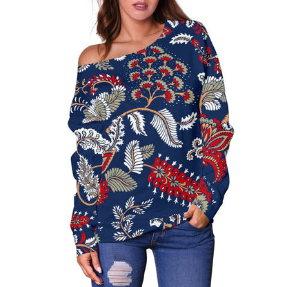 Blue Vintage Bohemian Floral Print Off Shoulder Sweatshirt GearFrost