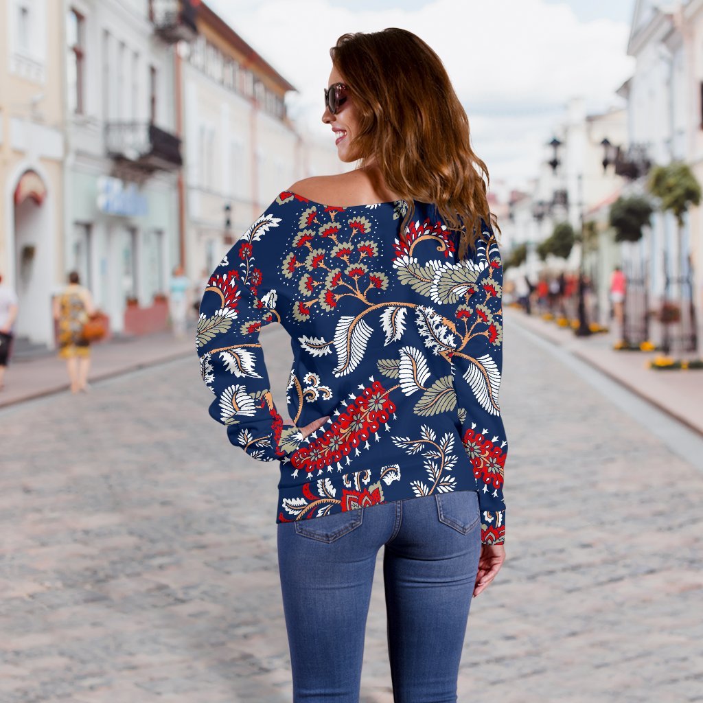 Blue Vintage Bohemian Floral Print Off Shoulder Sweatshirt GearFrost