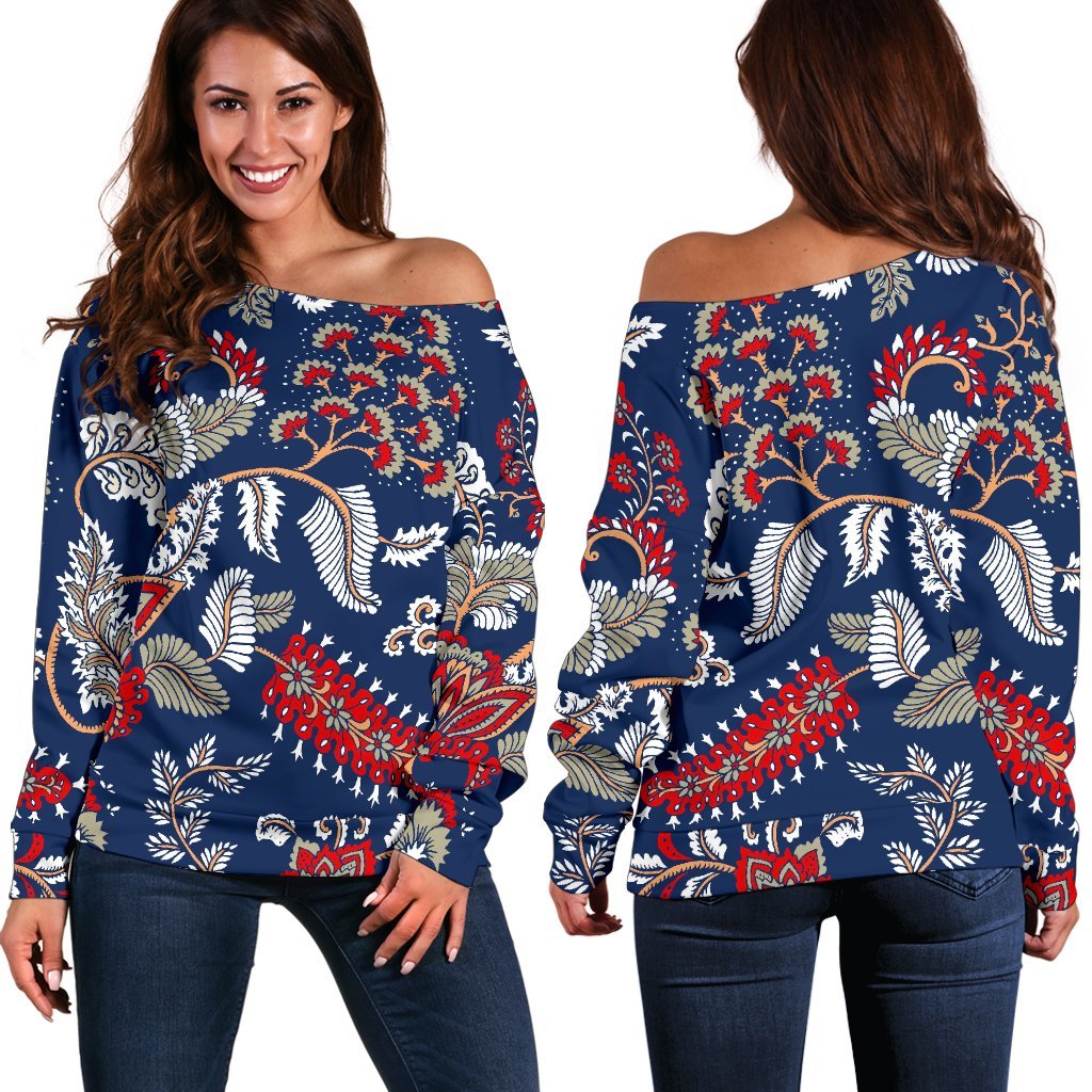 Blue Vintage Bohemian Floral Print Off Shoulder Sweatshirt GearFrost